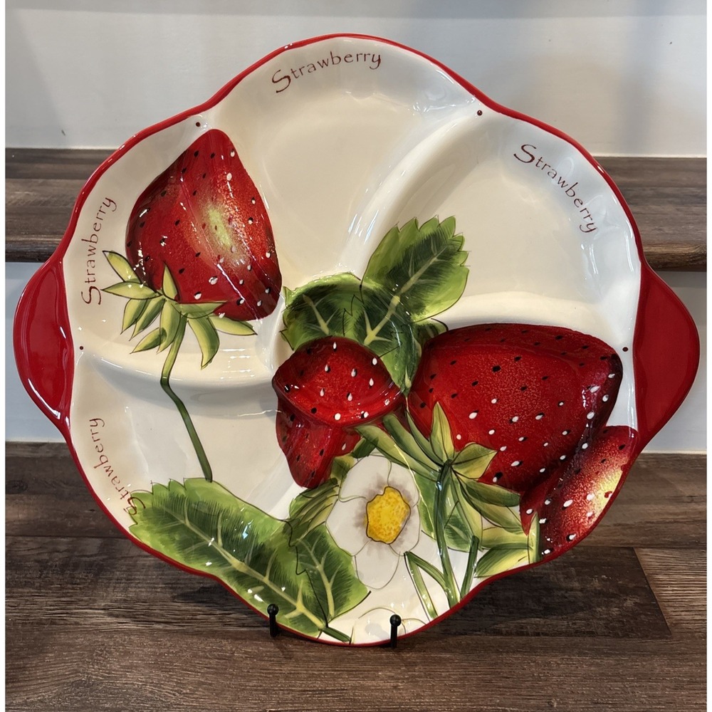 16" Ceramic Pier 1 Strawberry Divided Tray with Handles Center Circle for Dip